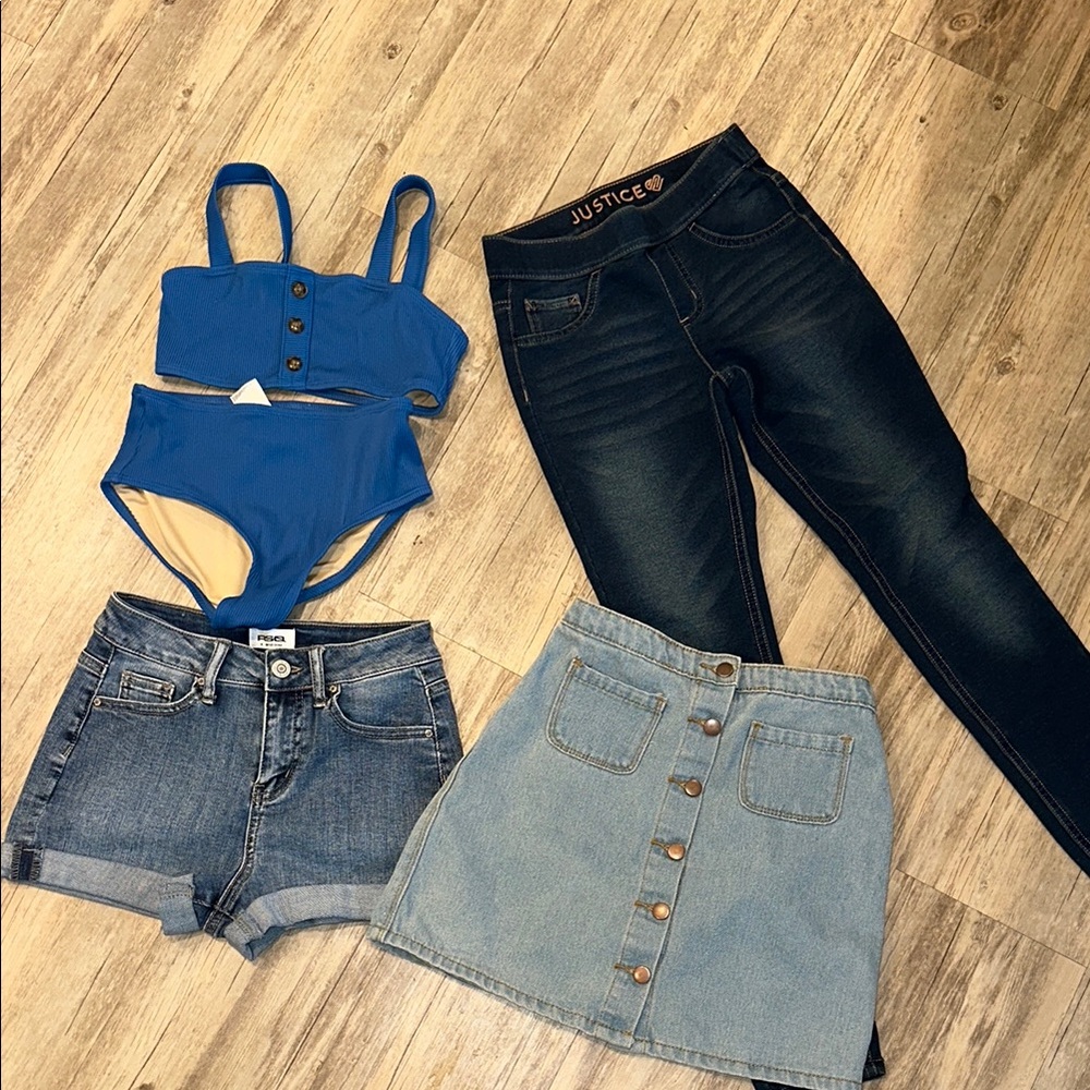 Girls 4 Piece Size  8-10 Denim Jeans and Blue Buttoned Swimwear Set